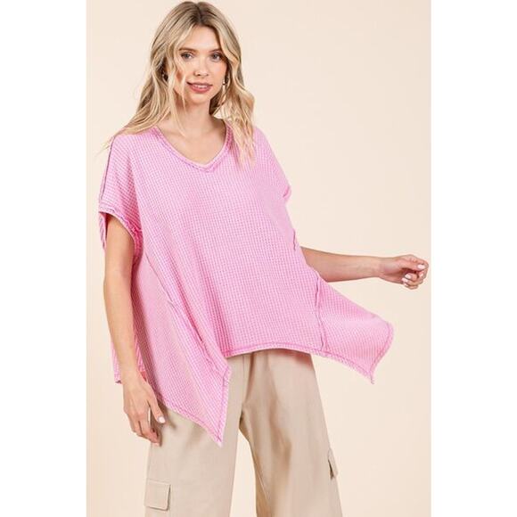 Mittoshop Mineral Wash Waffle Knit V-Neck Pointed Hem Oversized Top | Pink - Picture 2 of 6